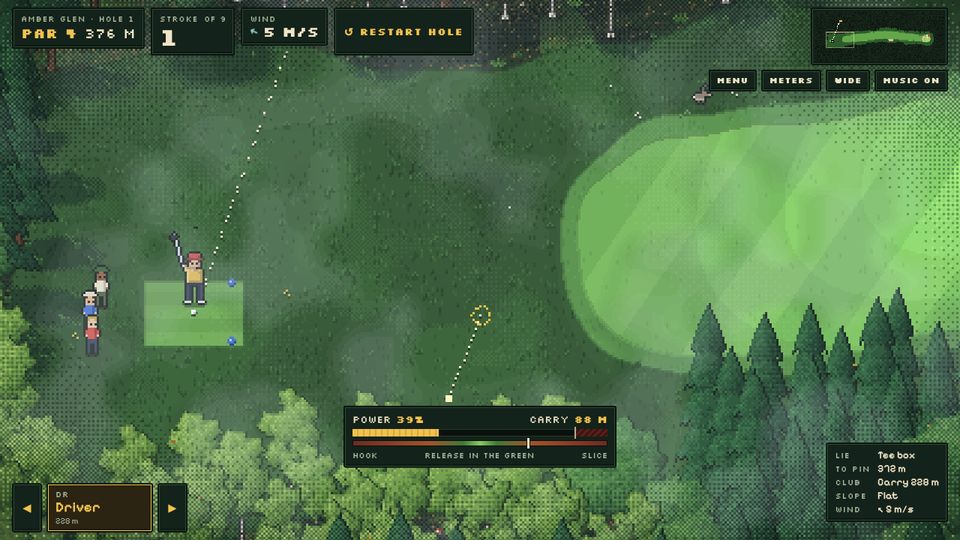 Fairway Hollow gameplay: a golfer on the tee of a pixel-art hole, the dotted aim line, the wind reading, the power bar with the swing meter and the club selector at the bottom of the screen