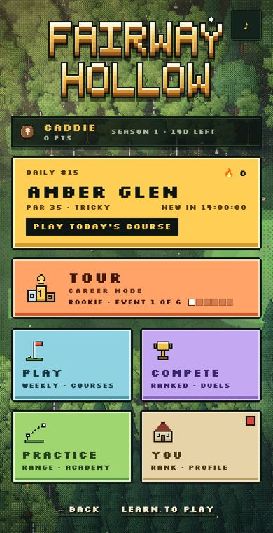 The Fairway Hollow home screen showing the daily course card with its name, par and difficulty, a countdown to the next course and your streak, above the Tour door