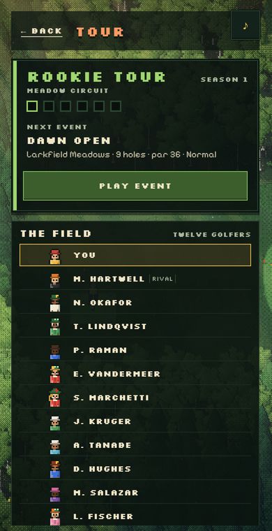 The Tour page of Fairway Hollow: the current tour, six event markers, the table with twelve golfers and the next event with its course and a Play event button